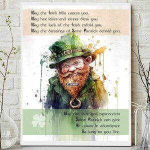 16x20 St. Patricks Day Leprechaun‎ Irish Blessing Watercolor Oil Painting Print